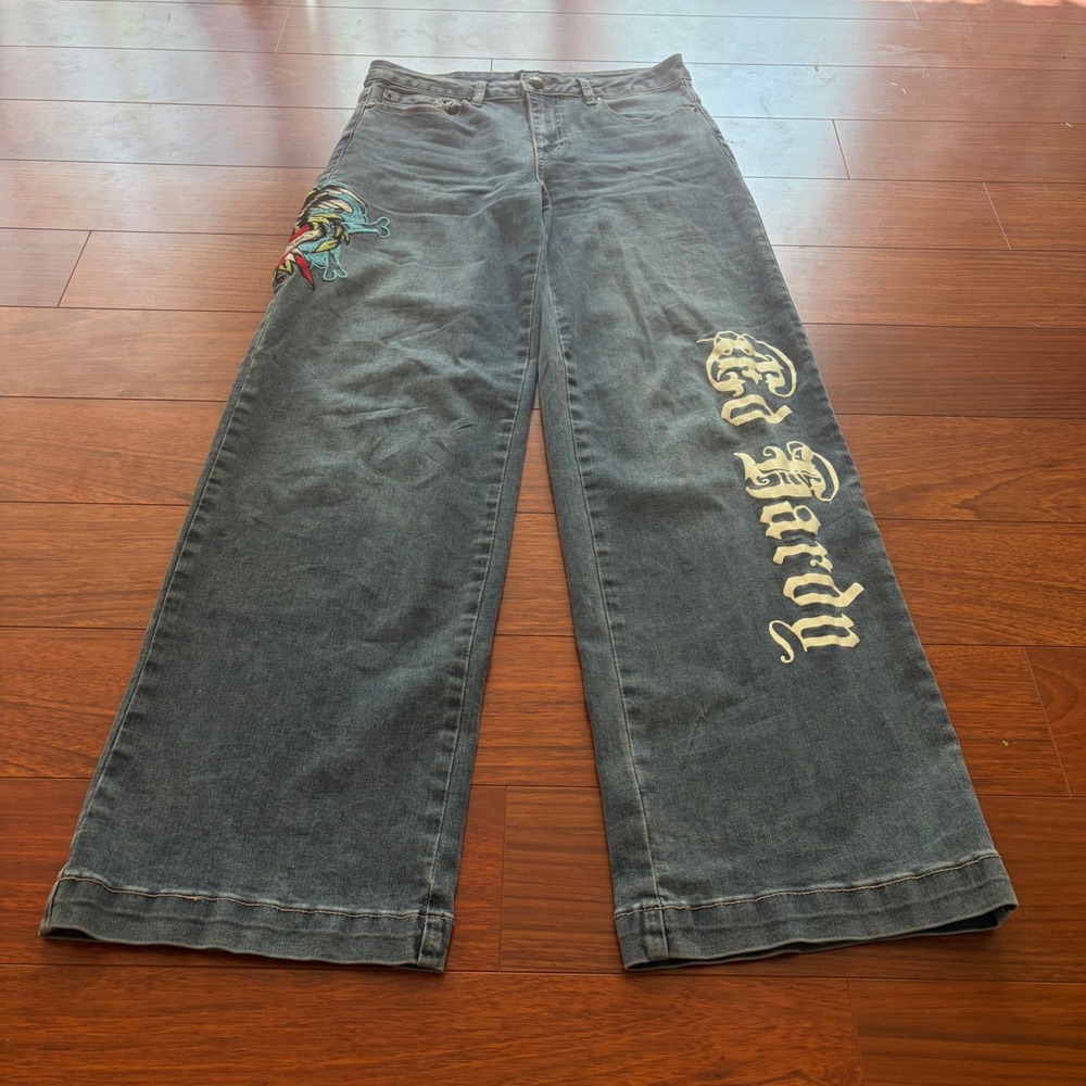 Ed Hardy Y2K Baggy Bootcut Straight Leg Jeans Eagle Embroidery Blue Denim 28